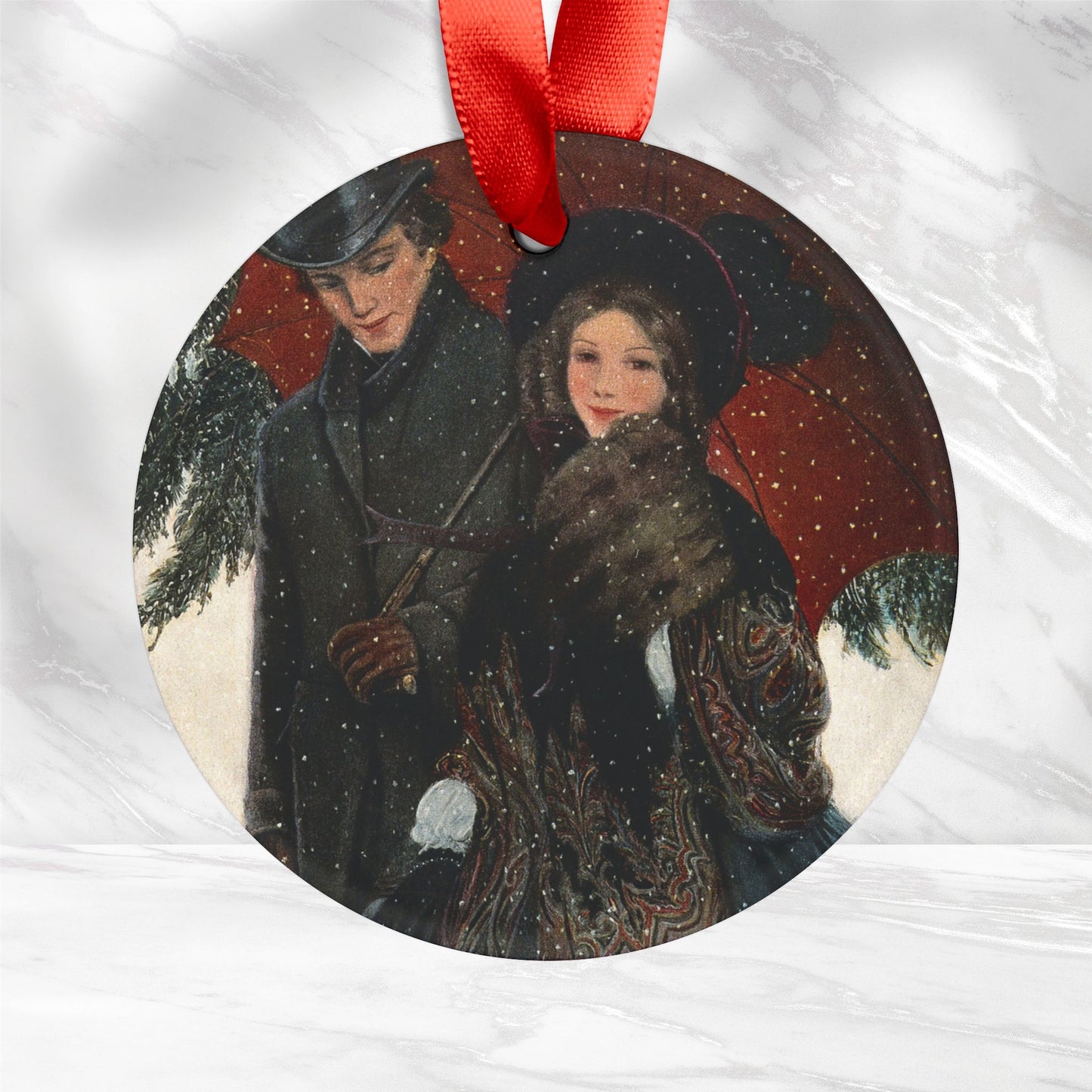 F.A. Stokes An Elegantly Dressed Couple Walk Arm in Arm Under an Umbrella Acrylic Ornament with Ribbon FA01