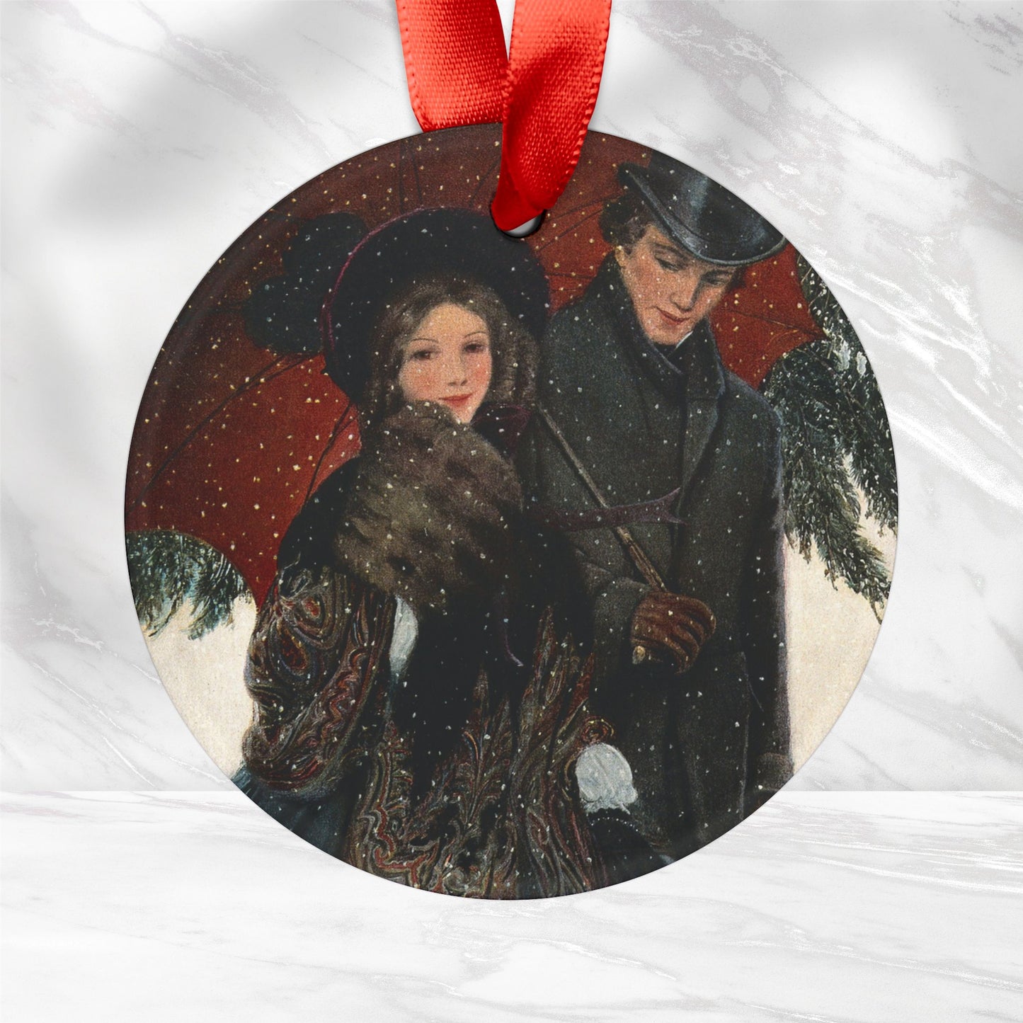 F.A. Stokes An Elegantly Dressed Couple Walk Arm in Arm Under an Umbrella Acrylic Ornament with Ribbon FA01